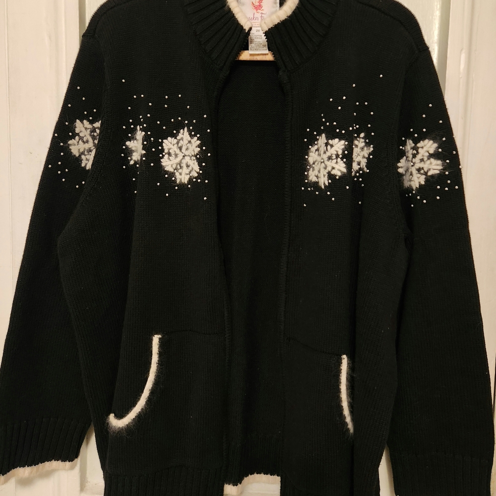 Womens Black Full Zip Front Snowflake Pearl Angora Cozy Sweater Size 2X